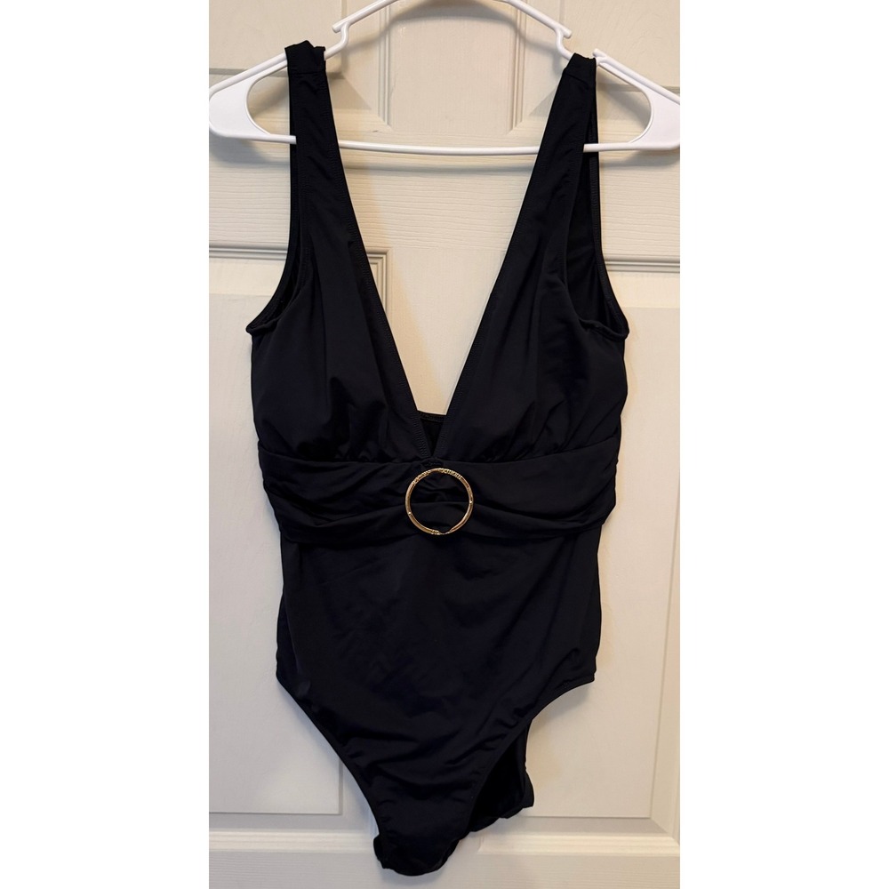 Ralph Lauren Women's Deep V-neck Black One Piece Swimsuit Sz 14